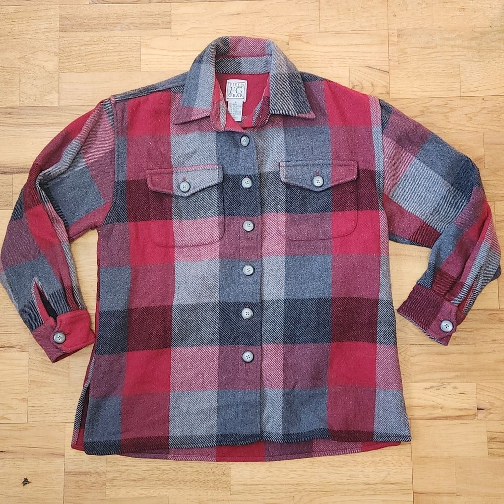 Field FG Gear Red Gray Wool Shirt Men S Long Sleeve Button-Up